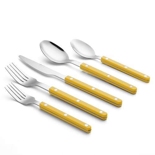 ANNOVA Silverware Set, Retro/Rivet Colorful Stainless Steel Tableware Kitchen Flatware Set Utensils, Includes Dinner Knives, Forks, Spoons, Salad Forks & Dessert Spoons (Yellow, 10 Pieces) - color: Yellow
