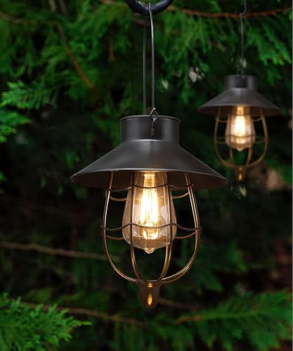 YAKii 2 Pack Solar Lantern Hanging Waterproof Outdoor Metal Solar Lamp with Warm White Light Decorate for Yard Garden Pathway Patio Porch Decor (Black) - style: Black-2pack