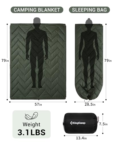 KingCamp Large Camping Blanket with Sherpa Lining, Packable Down Alternative Puffy Printed Wearable Blanket with Snap Buttons, Warm Weatherproof Quilt for Outdoor Travel (79" L x 57" W, Khaki/Olive) - color: Sherpa-khaki/Olive, size: 79" x 57"- Sherpa Fle