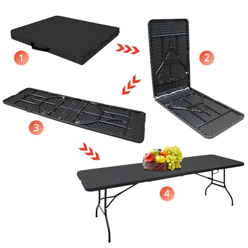 Portable 8Ft Folding Table, Heavy Duty Plastic Fold-in-Half Utility Foldable Dining Table, Multi-Purpose Plastic Folding Table with Carrying Handle for Camping and Party Indoor/Outdoor (Black) - color: Black, size: 8Ft