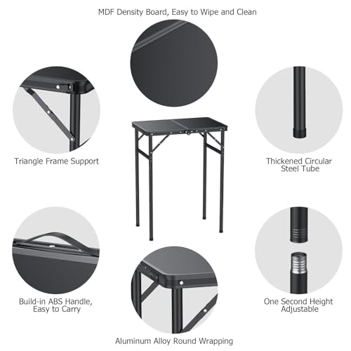 JiGiU Folding Camping Table Portable Pinic Table 3 Level Height Adjustable Aluminum Frame Small Foldable Camp Table Light Weight with Carry Handle for Outdoor Indoor Hiking Camp BBQ Beach