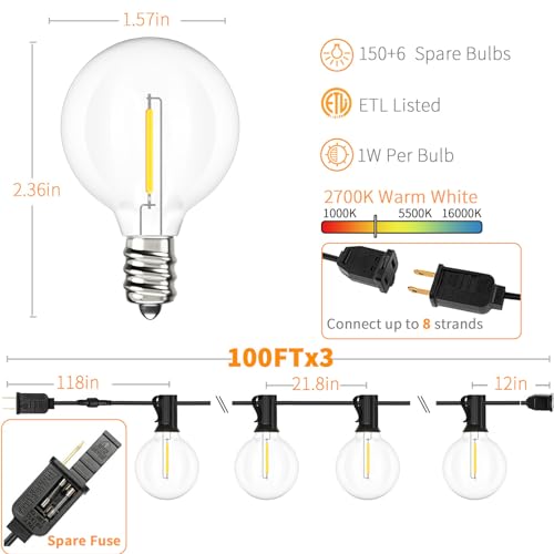 Svater Outdoor String Lights 300 FT, Patio Lights Outside with 156 G40 Shatterproof LED Bulbs, Waterproof Hanging Globe Lighting for Bistro Backyard Cafe Market, Warm White 2700K（3 x 100 FT） - size: 300FT