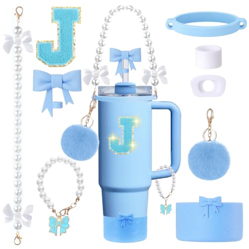 9pcs Stanley Cup Accessories Set- for 30oz 40oz Tumblers with Handle - Bule Kit Includes Bow Straw Topper and Boot, Charm, Pearl Handle Strap & Stickers - Aesthetic Girl Gifts (J) - color: J