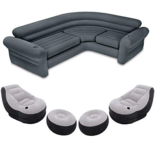Intex 68575EP Inflatable Corner Sofa with 2 68564EP Ultra Lounge Chairs & Ottomans, Indoor Use, Cupholders, 2-in-1 Valve, 880lb/220lb Capacity