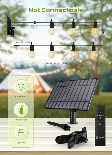 Brightown 158FT Solar String Lights Outdoor Waterproof with Remote, Solar Patio Lights with 75 Shatterproof LED Bulbs, 3 Light Mode, Dimmable & Timer, Hanging String Lights for Porch Garden Bistro - size: 158FT G40