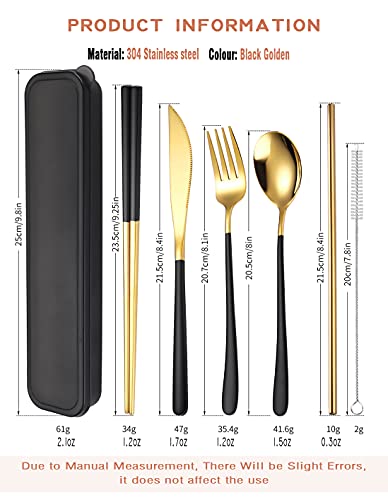 AARAINBOW 6 Pieces 18/8 Stainless Steel Flatware Set Portable Reusable Cutlery Set Travel Utensils Set Including Chopsticks Knife Fork Spoon Straws Cleaning Brush Dishwasher Safe (Black golden) - color: Black golden