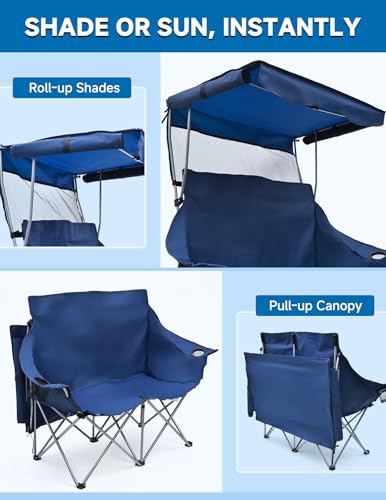 East Oak Double Camping Chair with Canopy | 24" High Back Camping Couch for Adults with 360° Sun Protection, 13 lbs Lightweight, 660 lbs Heavy Duty Canopy Chair for Outdoors - color: Blue, style: Camp Couch