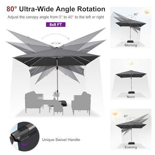 PURPLE LEAF 8' X 8' Left-right Tilting Patio Umbrella Outdoor Swivel Cantilever Umbrella Aluminum Offset Umbrella with Champagne Frame and 360-degree Rotation for Garden Deck Pool, Grey - color: Gray, size: 8' x 8'(Tilt)