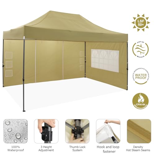 COBIZI 10x15 Heavy Duty Pop up Canopy Tent with 4 sidewalls Commercial Outdoor Canopy Wedding Party Tents for Wedding All Season Wind & Waterproof Gazebo with Carry Bag, Khaki(Frame Thickened) - color: Khaki, size: 10x15 With Sidewalls