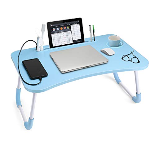 Slendor Lap Desk with Cup Holder, Foldable Laptop Table for Bed, Portable Bed Desk for Laptop and Writing, Computer Tray with Tablet Slot, Notebook Stand Reading Holder for Couch Sofa Floor,Blue - color: Blue