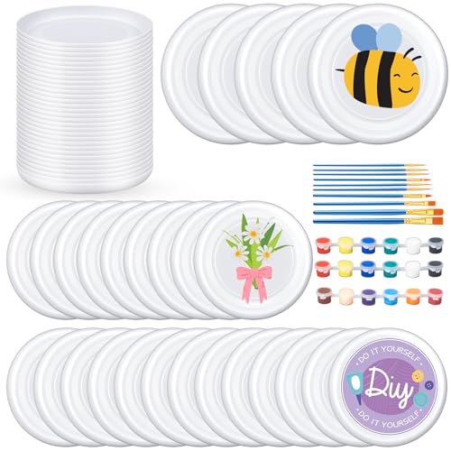 Tenceur 72 Pcs DIY Plastic Flying Disks Bulk 7 Inch Color Your Own White Flying Disc with 10 Paintbrushes and 3 Paints for Party Favors and Crafts Fun Home Activities Games (White)