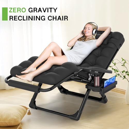 ZENPETIO 26In Zero Gravity Chair, Zero Gravity Recliner Lounge Chair for Indoor and Outdoor, Reclining Camping Chair for Lawn and Patio, Anti Gravity Chair w/Cushion, Cup Holder and Footrest, 440LBS - color: Black-26