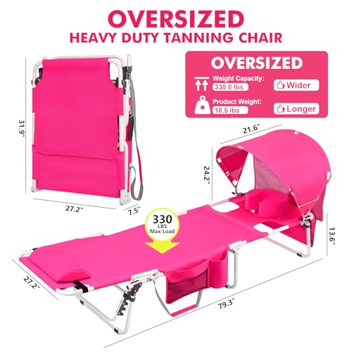 Oversized Extra Wide Tanning Chair with Sun Canopy Face Hole Padded Adjustable Washable, Heavy Duty Layout Folding Lounge Chair for Outside Beach Reading Sunbathing, UPF 50+, XL, Pink, 330 LBS - color: Pink, size: Oversized