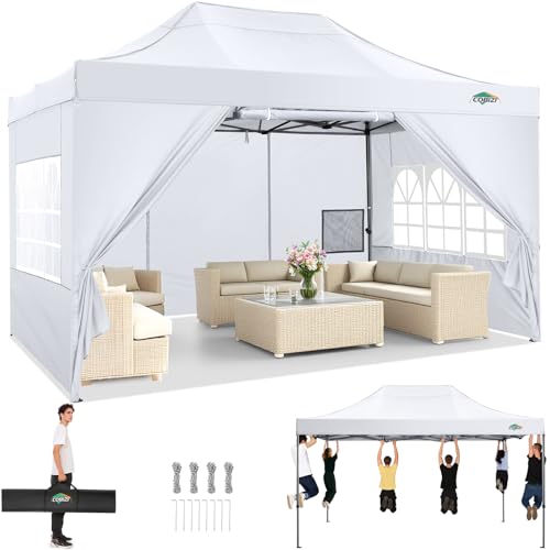 COBIZI 10x15 Heavy Duty Pop Up Canopy Tent with 4 Sidewalls Thicken Frame, Commercial Easy Up Outdoor Wedding Party Tents, All Season Waterproof Windproof with Stakes Sandbags Ropes Bag, White - color: White, size: 10x15