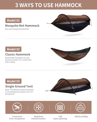 Camping Hammock Tent with Mosquito Net and Sunshade, Extra Large for 2 Person, Lightweight Hanging Hammocks Tree Straps, Bivvy Ground Tent for Outside, Hiking, and Travel - color: Hammock-brown