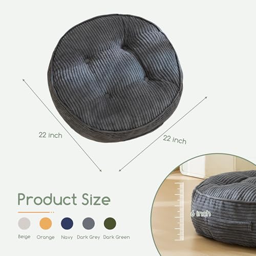 HIGOGOGO 6" Extra Thick Floor Pillow Cushion for Adults, Meditation Cushion Pillow, Large Round Floor Sitting, Tufted Corduroy Cover, for Tatami Living Room or Yoga, 22x22 Inch, 2Pack, Dark Grey - color: Round Dark Grey, size: 6" Thick(pack of 2)