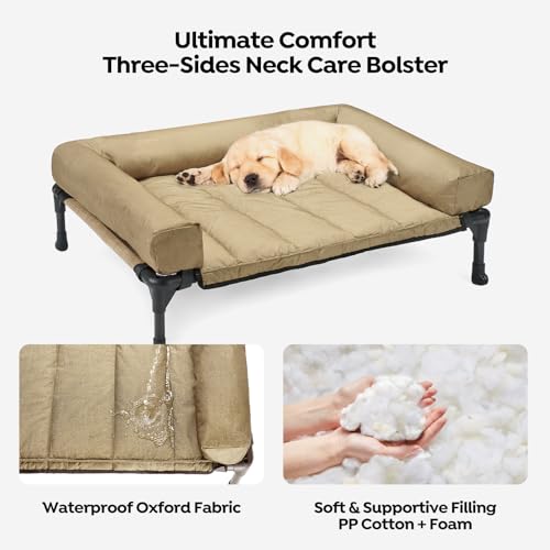 Veehoo Cooling Elevated Dog Bed Add Removable Waterproof Bolster Cushion Mat, Raised Pet Cot with Breathable Teslin Mesh, No-Slip Feet, Dog Couch Bed for Indoor Outdoor, 32x25inches, Beige, CWC2331B - color: Beige Coffee, size: 32.0"L x 25.0"W x 7.0"Th