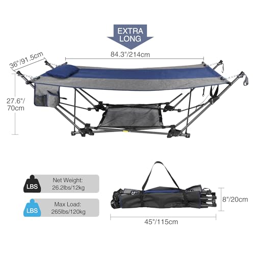 RedSwing Camping Hammock with Stand, XXL Portable Hammock with Removable Pillow and Storage Net, Foldable Heavy Duty Steel Frame Space Saving for Indoor Outdoor Backyard Beach Garden