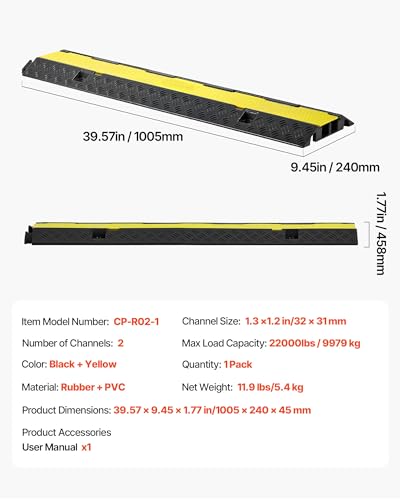 VEVOR Cable Protector Ramp, 22,000 lbs/axle Capacity, 2 Channel Heavy Duty Rubber Cord Hose Wire Cover, 1.3 x 1.2 in Channel, Traffic Speed Bump with Flip-Open Top Cover, for Indoor Outdoor, 1 Pack - style: 2 Channel-1PC