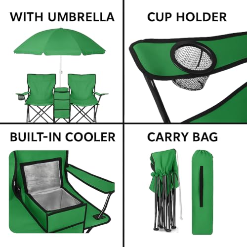 GoTEAM! Portable 2-Seat Folding Camp Chair with Cooler, Umbrella & Cup Holders – Outdoor Picnic, Beach, or Tailgate Seating – Carry Case Included - color: Green