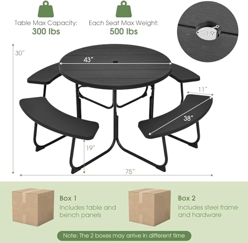 Round Picnic Table for Outdoors, 8 Person Outdoor Picnic Tables & Benches Set with Umbrella Hole, HDPE Tabletop & Metal Frame, 2000 LBS Capacity Table Bench Set for BBQ, Garden, Lawn, Patio - color: Black
