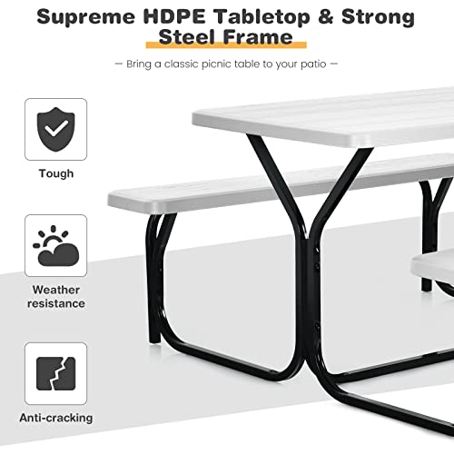 Moccha Picnic Table Bench Set - Portable Plastic Picnic Table w/Steel Frame & Wood-Like Texture, All Weather Heavy Duty Picnic Table Kit, Picnic Tables for Outdoors Garden Patio Party Dining (White) - color: White
