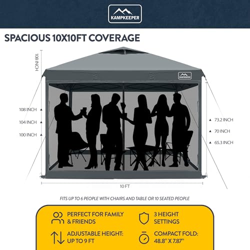 KAMPKEEPER 10x10 Pop-Up Canopy Tent, Waterproof Portable Shade with Screen Walls, Adjustable Instant Outdoor Shelter for Camping, Backyard, and Events, Dark Grey - color: Dark Grey