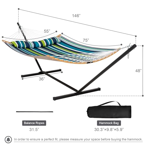 Hammock with Stand for Outside, Double Hammock with Stand, Pillow and Portable Bag, 450 Lbs Capacity, Green Blue Stripes - color: Green Blue Stripes