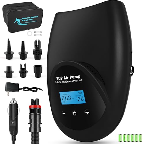 Tonsim Rechargeable Paddle Board Electric Pump, 20 PSI SUP Pump with 4 Preset Modes, Dual-Stage Inflation & Deflation, 12V DC Car Connector, Auto Shut-Off for Paddle Boards, Kayaks and Tents - color: Black