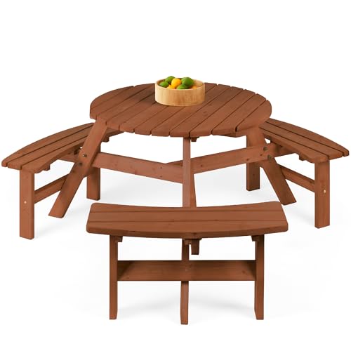 Best Choice Products 6-Person Circular Outdoor Wooden Picnic Table for Patio, Backyard, Garden, DIY w/ 3 Built-in Benches, 500lb Capacity - Acorn - color: Acorn