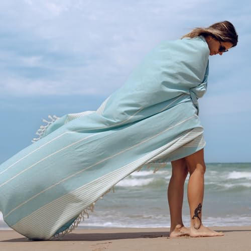 Extra Large Turkish Beach Towel Style – 100% Cotton, Sand-Free Comfort | Oversized Beach Towel – Sandproof Beach Blanket – Big Beach Mat - Outdoor Picnic Blanket (Turquoise, 83x94 in) - color: Turquoise