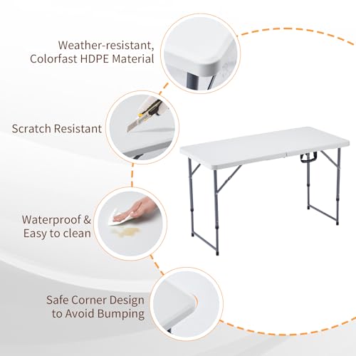 BOOSDEN 4 Foot Folding Table, Portable Rectangle Card Table, Indoor Outdoor Plastic Fold-in-Half Utility Table with Carrying Handle, Adjustable Height Foldable Tables for Picnic,Party,Camping,Office - color: 122 X 60cm Rectangular