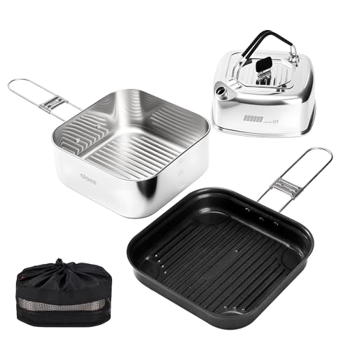 Alocs Camping Cookware Set - Lightweight Camping Pots and Pans - Portable Outdoor Cookware with Kettle - Camping Cookware Mess Kit for 2 - style: Elite Stainless Series (3-piece)