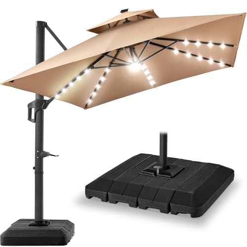 Best Choice Products 9x12ft LED Cantilever Patio Umbrella w/Base Included & 360° Rotation, Large Solar Offset Hanging Outdoor Sun Shade for Deck, Backyard Table w/Stand & Lights – Tan - color: Tan, size: 9x12ft