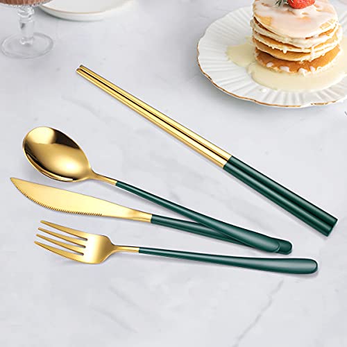 AARAINBOW 6 Pieces 18/8 Stainless Steel Flatware Set Portable Reusable Cutlery Set Travel Utensils Set Including Chopsticks Knife Fork Spoon Straws Cleaning Brush Dishwasher Safe (Green golden) - color: Green golden