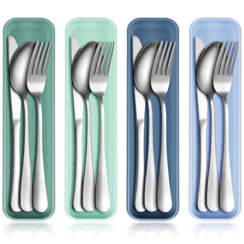 Yinkin 4 Pack Portable Travel Utensils Set with Case Reusable Stainless Steel Silverware Flatware Camping Cutlery Include Fork Spoon Knife for Work School Dishwasher Safe(Blue Color Series) - color: Blue-green Series