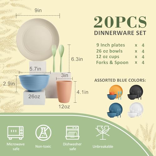 Wrova Wheat Straw Kids Plates and Bowls Sets,Unbreakable Kids Dinnerware sets with Flatwares,Lightweight Reusable Camping Plates and Bowls Sets.Nordic Series - color: Nordic Series, size: 20 Pack
