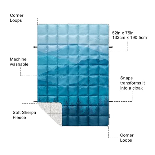 zzlamb Outdoor Camping Blanket with Sherpa Lining,Puffy Thick Camp Quilt for Sleeping,Packable Warm Wearable Fleece Blankets for Cold Weather,Traveling,Backpacking,Picnics,Beach,Stadium 52x75in - color: Cyan Ridge Fade