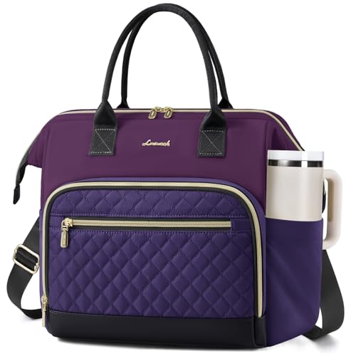 LOVEVOOK Lunch Bag Women, Insulated Adult Lunch Box for Women Work, Wide Opening Leakproof Cooler Tote Bag for Office Campus Picnic Beach with Shoulder Strap, Loncheras Para Mujer with Cup Holder - color: Dark Purple-Black, size: Large—16l