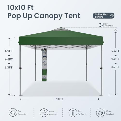 PHI VILLA 10x10ft 1-Person Setup Pop Up Canopy Tent Instant Portable Shelter w/ 1-Button Push, Case, 4 Weight Bags - Green - color: Green, size: 10×10 one push