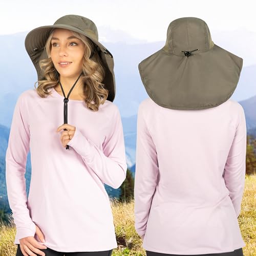SUN CUBE Wide Brim Sun Hat with Neck Flap, UPF50+ Hiking Safari Fishing Hat for Men Women, Sun Protection Beach Hat - color: Olive