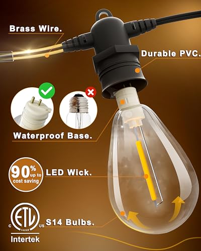 50FT LED Outdoor String Lights with 15 Edison Shatterproof IP65 Waterproof Bulbs, 2700K Dimmable Commercial Grade Patio Lights, Heavy Duty Outside Hanging Lights for Garden Porch Deck Decor - size: 50 Ft