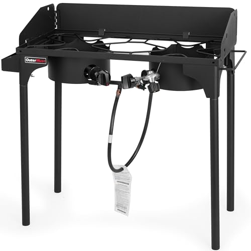 OuterMust Propane Double Burner for Outdoor Cooking Two Camping Stove with Removable Windscreen and Detachable Legs Stand for Home Brewing, Camping, BBQ - size: dual burners with wind gard