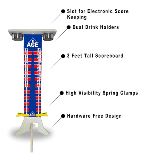 CornholeAce Elite Cornhole Scoreboard 3ft or 5.5ft Tall Hardware Free Stand with UV Printed Score Panel 0 to 21 Phone Tablet Scorekeeping Area Livestream Shelf 2 Drink Holders - size: 3 FT