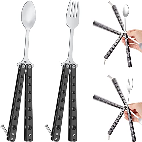 Flutesan 2 Pcs Butterfly Fork and Spoon Set, Tactical Butterfly Spoon Folding Stainless Steel Spork Utensil Set Balisong Trainer for Travel Camping Hunting BBQ Kitchen(Black) - color: Black