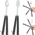 Flutesan 2 Pcs Butterfly Fork and Spoon Set, Tactical Butterfly Spoon Folding Stainless Steel Spork Utensil Set Balisong Trainer for Travel Camping Hunting BBQ Kitchen(Black) - color: Black