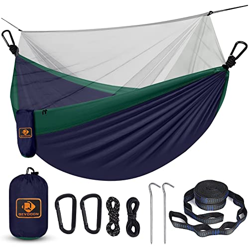 Camping Hammock with Net,Travel Portable Lightweight Hammocks with Tree Straps and Solid D-Shape Carabiners,Parachute Nylon Hammock for Outsides Backpacking Beach Backyard Patio Hiking - color: Navy Blue & Dark Green, size: Large