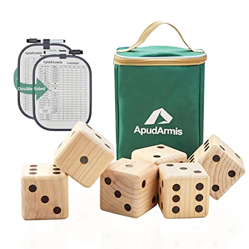 ApudArmis Giant Wooden Yard Dice, 3.5In Big Die Lawn Game Set with Scoreboard & Carrying Bag - Large Pine Wooden 6 Dice Backyard Game for Adults Family - color: Natural Wood