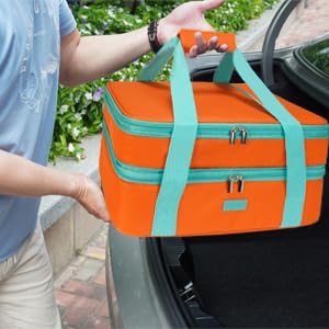 Expandable Casserole Carrier Bag - Double Decker Food Bag, Insulated Casserole Carrier for Hot or Cold Food, Lasagna Holder Tote for Picnics,Beaches,Traveling or Gifts - color: Orange