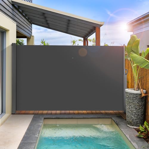 LIFERUN 138" x 71" Side Awning, Retractable Side Awning, Patio Retractable Side Screen, UV Resistant, Waterproof, Patio Privacy Screen for Garden, Balcony, Courtyard(Dark Grey) - size: 138" x 71"